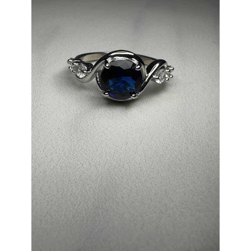 925 Sterling Silver‎ Blue Round Cut Bypass Ring Size 7 Clear Accents